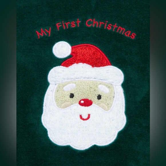 Little Me 2 Piece Pant Set “My First Christmas” Santa Velour Green - Picture 3 of 8
